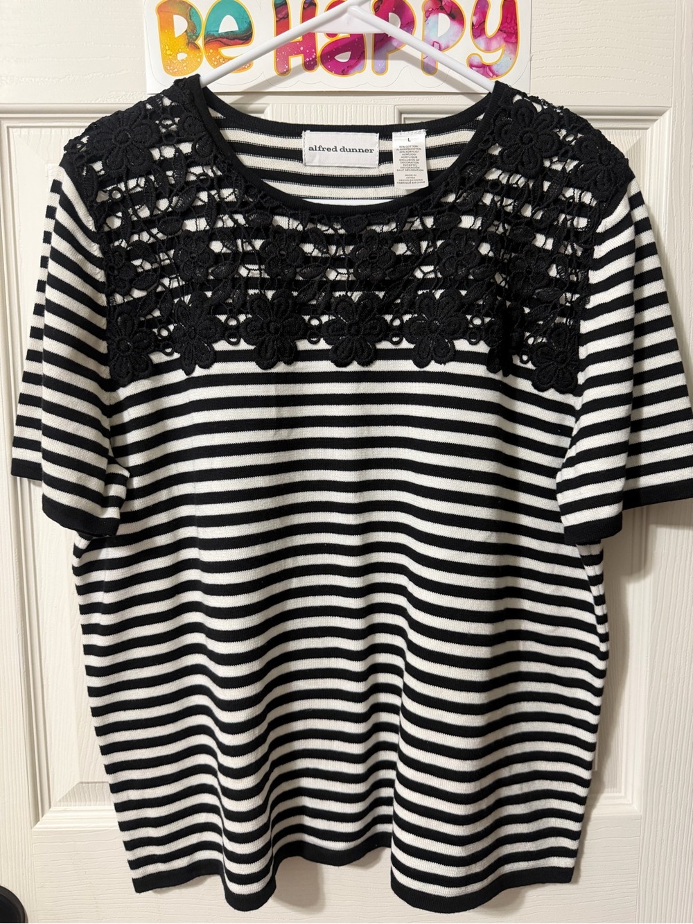 Alfred Dunner Black & White Striped Short Sleeve Top with Floral Lace Yoke